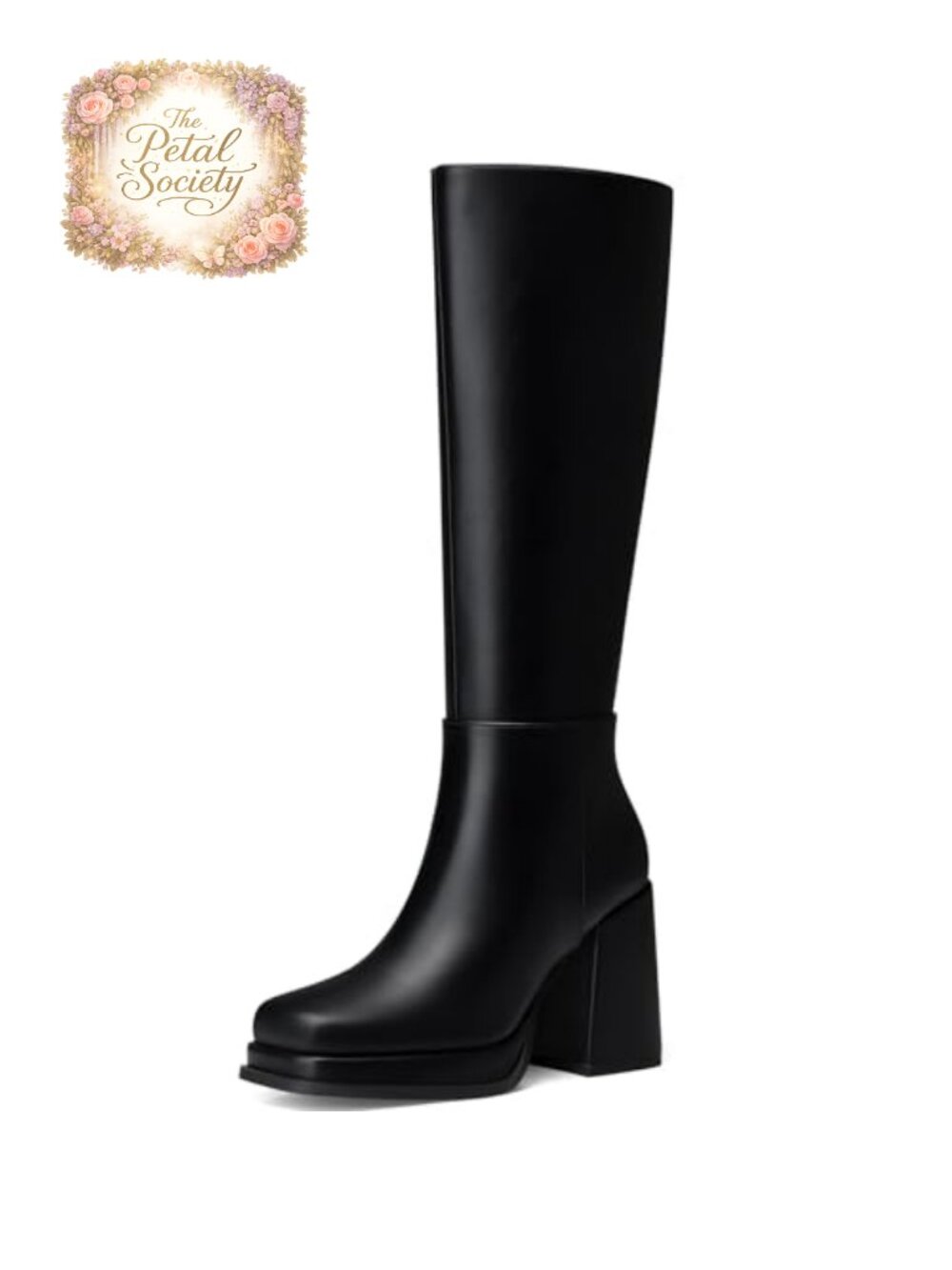 Knee High Boots 3.5 Inch Platform Chunky Heel Square Toe PU Leather